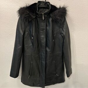 Croft And Barrow Black Leather Coat Jacket Mid Length Faux Fur Hood Small